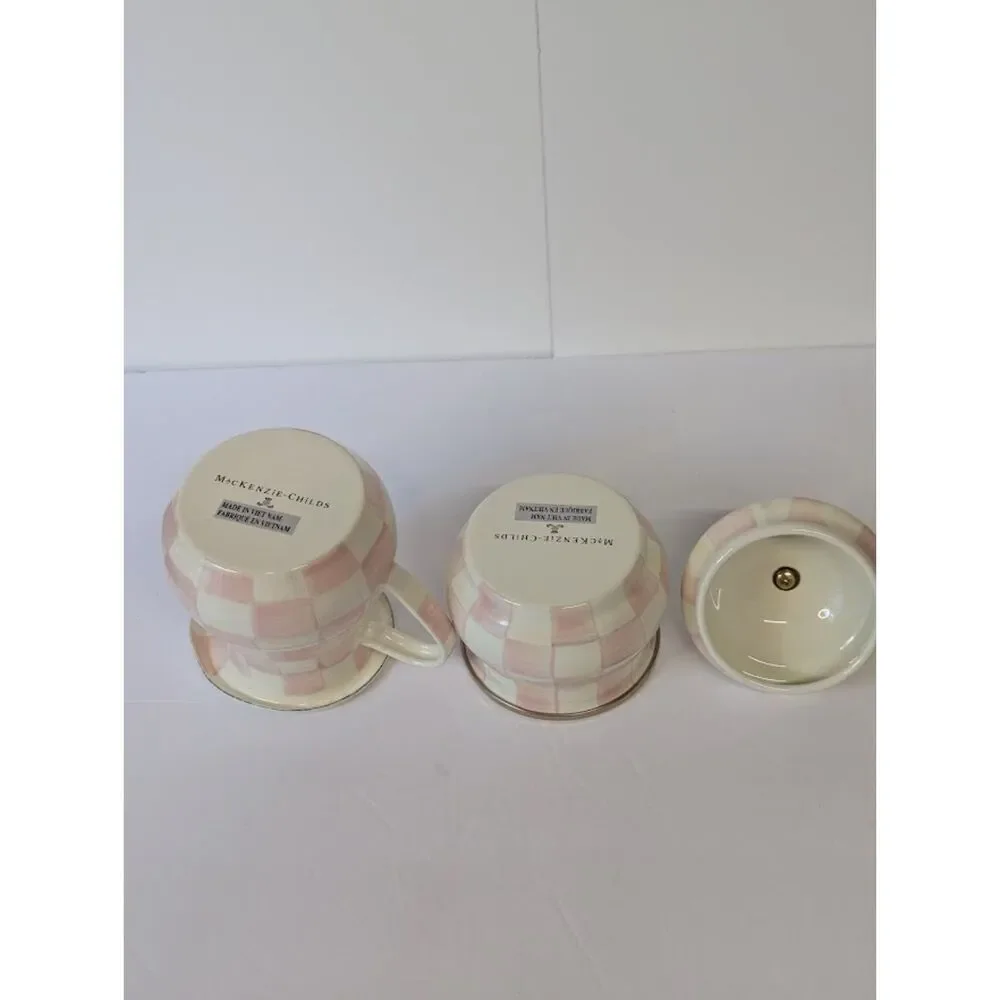 MacKenzie-Childs Rosy Check Enamel Creamer & Lidded Sugar Bowl Set Pink Like New